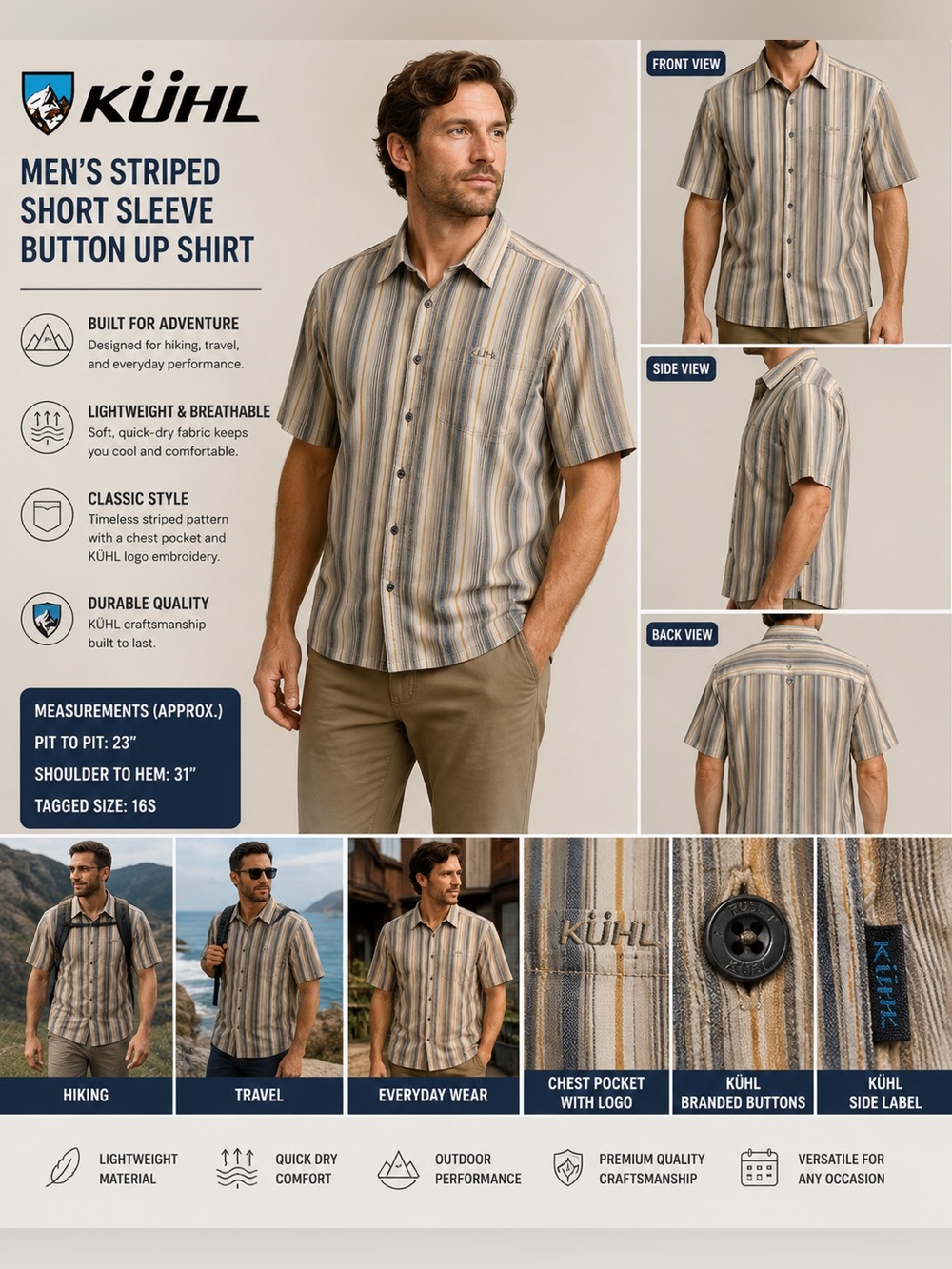 KÜHL Men's Striped Short Sleeve Button Front Shirt Size 16S Outdoor Hiking